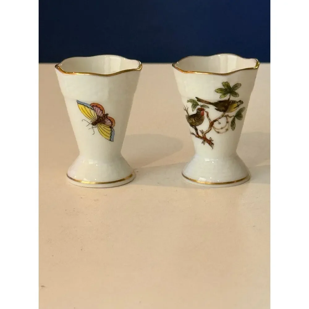 Herend Rothschild Bird Mini Vase Pair 280 RO Hand Painted Porcelain Gold Trim